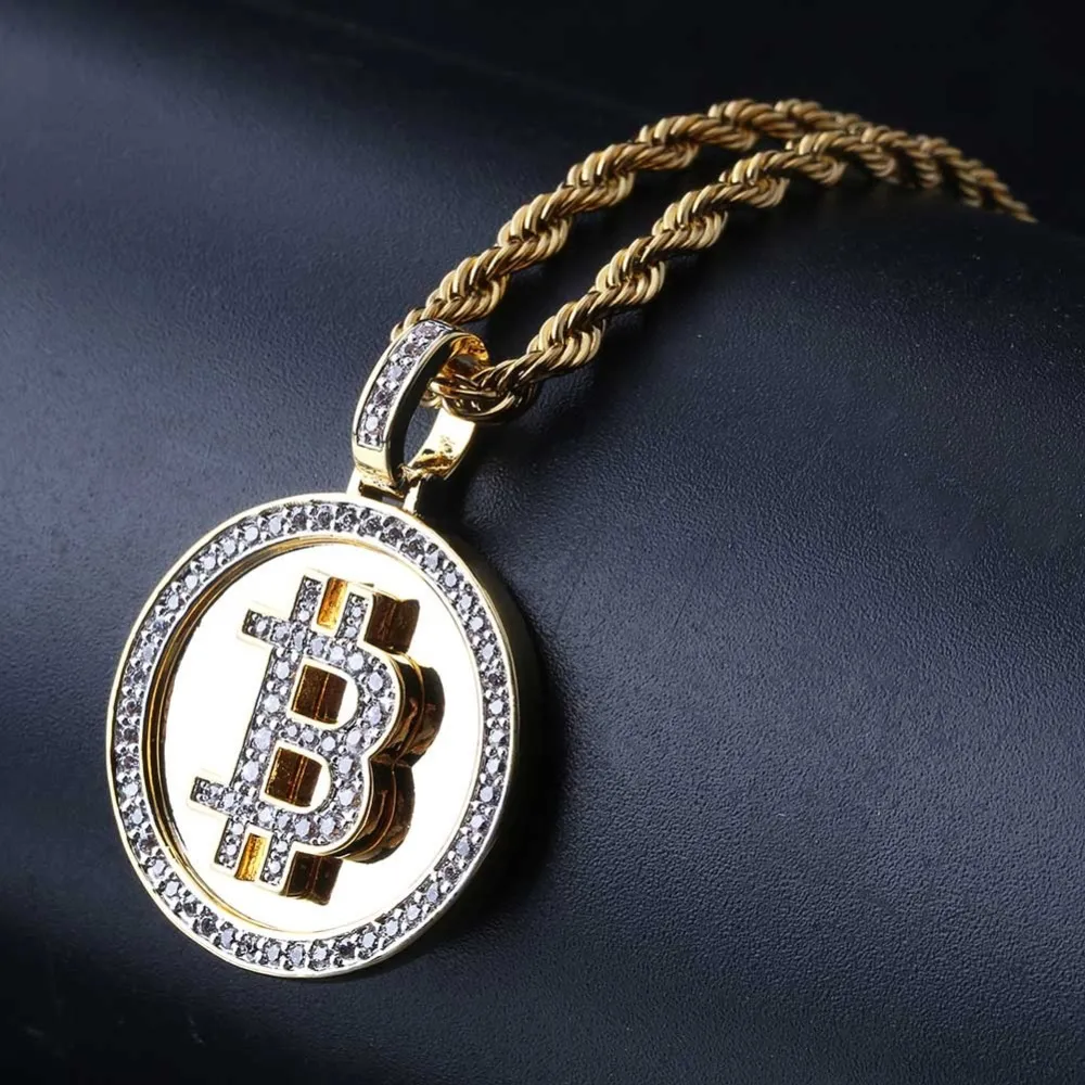 Hip Hop Gold Color Plated Iced Out Micro Pave Cyrkonia Okrągły Bitcoin Wisiorek Naszyjnik dla mężczyzn Trzy łańcuchy X0509