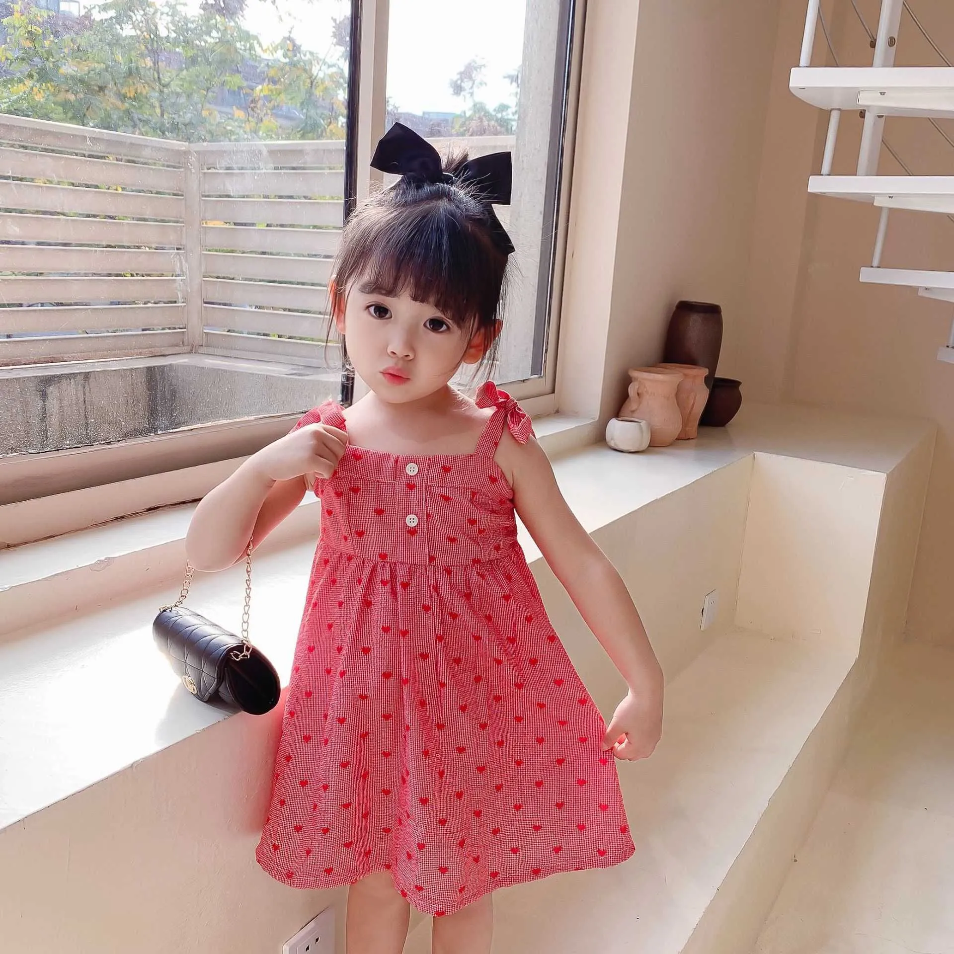 Koreański styl New Arrival Red Heart Cute Slip Dress Summer Little Princess Casual Off-the-ramię sukienka Q0716