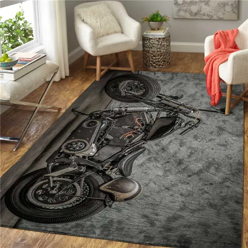 Motorcykel 3d tryckta mat mattor anti-slip stor rug matta hem dekoration levande flanell utskrift sovrum glidd golv rug 210928