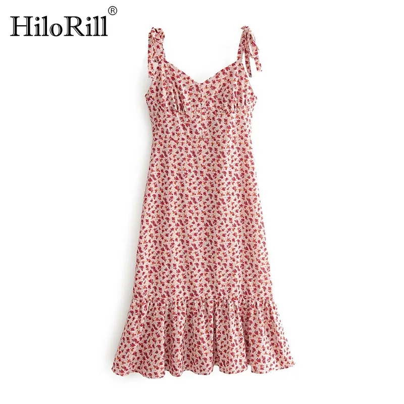 Doux Spaghetti Strap Midi Dress Femmes D'été Imprimé Floral À Volants Sans Manches Boho A Line Party es 210508