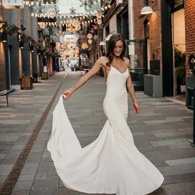 Boho Mermaid Crepe Wedding Dress for Women - Simple & Elegant 2022 Bridal Gown with Spaghetti Straps, Soft Satin, and Backless Design - Perfect for