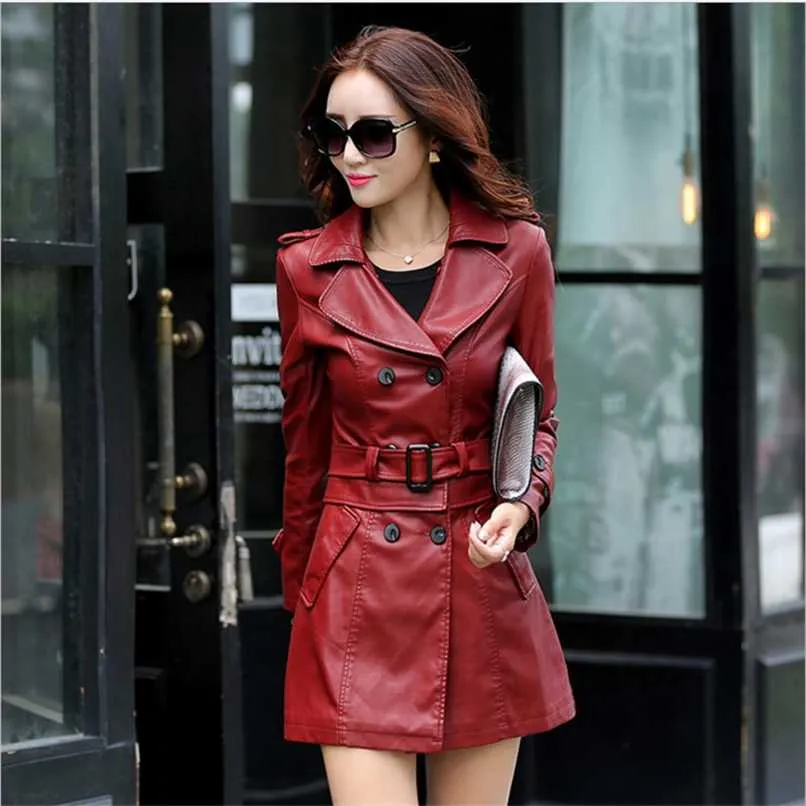 Autumn Women Long Leather Jacket Slim Oversize Bow Belt Motorcycle PU Coat Female Trench 211007