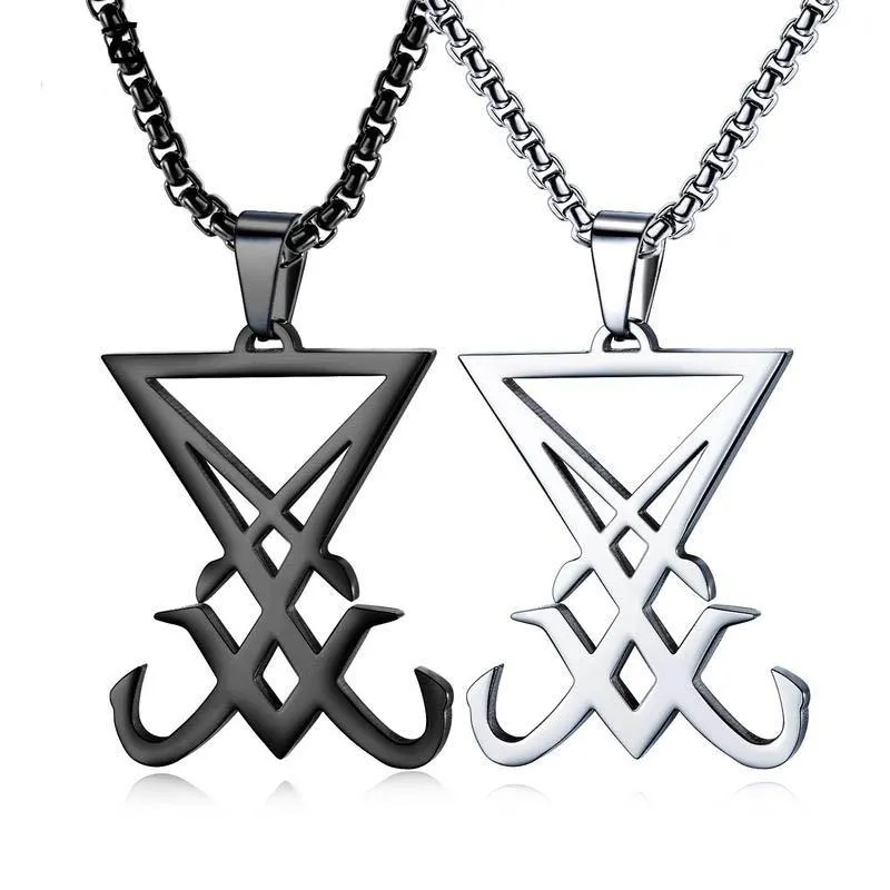 Colares com Pingente Preto Prata Cor Lúcifer Colar Para Homens Sigil Satânico Aço Inoxidável Corrente Longa 24 Polegadas Jóias Masculinas