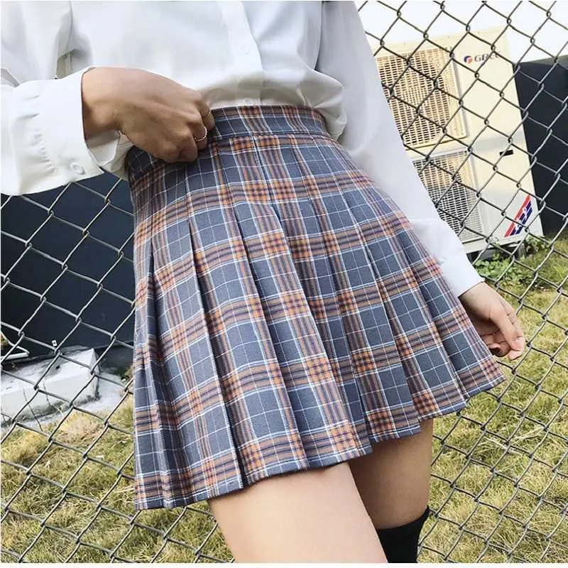 Mignon filles douces danses plaid à taille haute jupe coréenne de mode coréenne Vêtements de jupes plissées d'été avec taille 210712