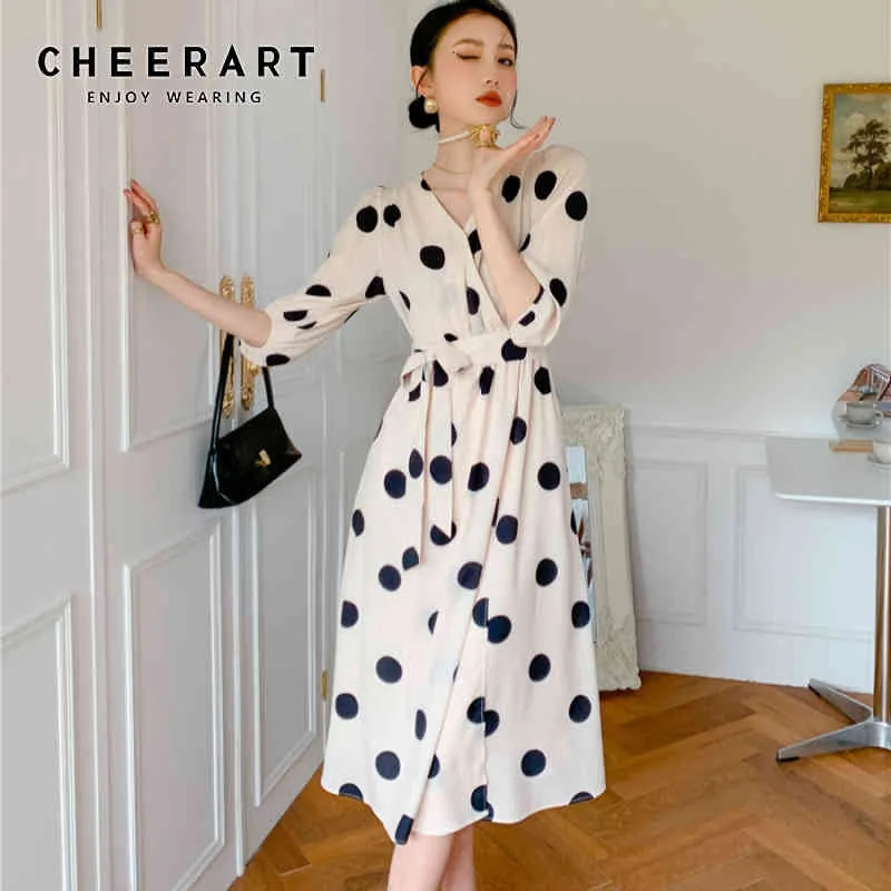 Vår sommar kvinnor mode polka dot klänning spets upp v neck chiffon damer lång midi koreansk kläder 210427