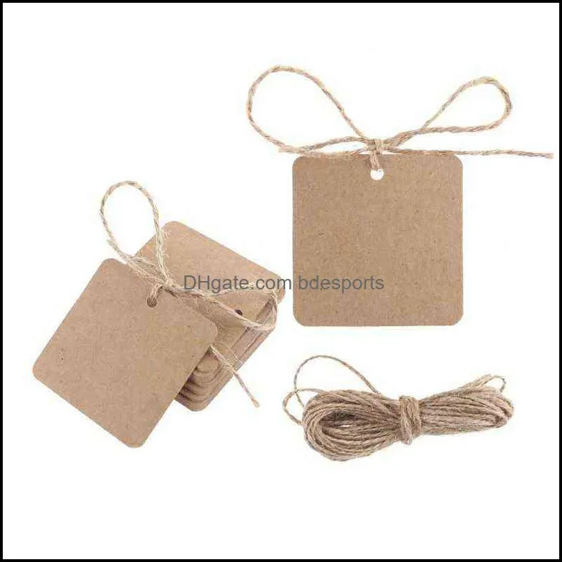 100pcs Blank Square Kraft Paper Gift Hang Tags Wedding Label Price Card Craft with 10m Natural Jute Twine Y1230