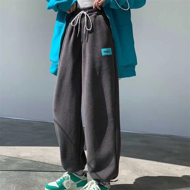 Houzhou Harajuku رمادي sweatpants ركض النساء سميكة الصوف الشتاء الهيب هوب فضفاض الحريم السراويل الكورية نمط الشارع الشارع الشارع الشهير 211112