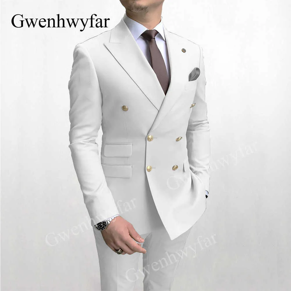 GwenhwyFar Classic White Ternos de Luxo Botão de Ouro Smoking para Homens Melhores Homens Dupla Breasted Blazer Calças para Festa Prom Formal X0909