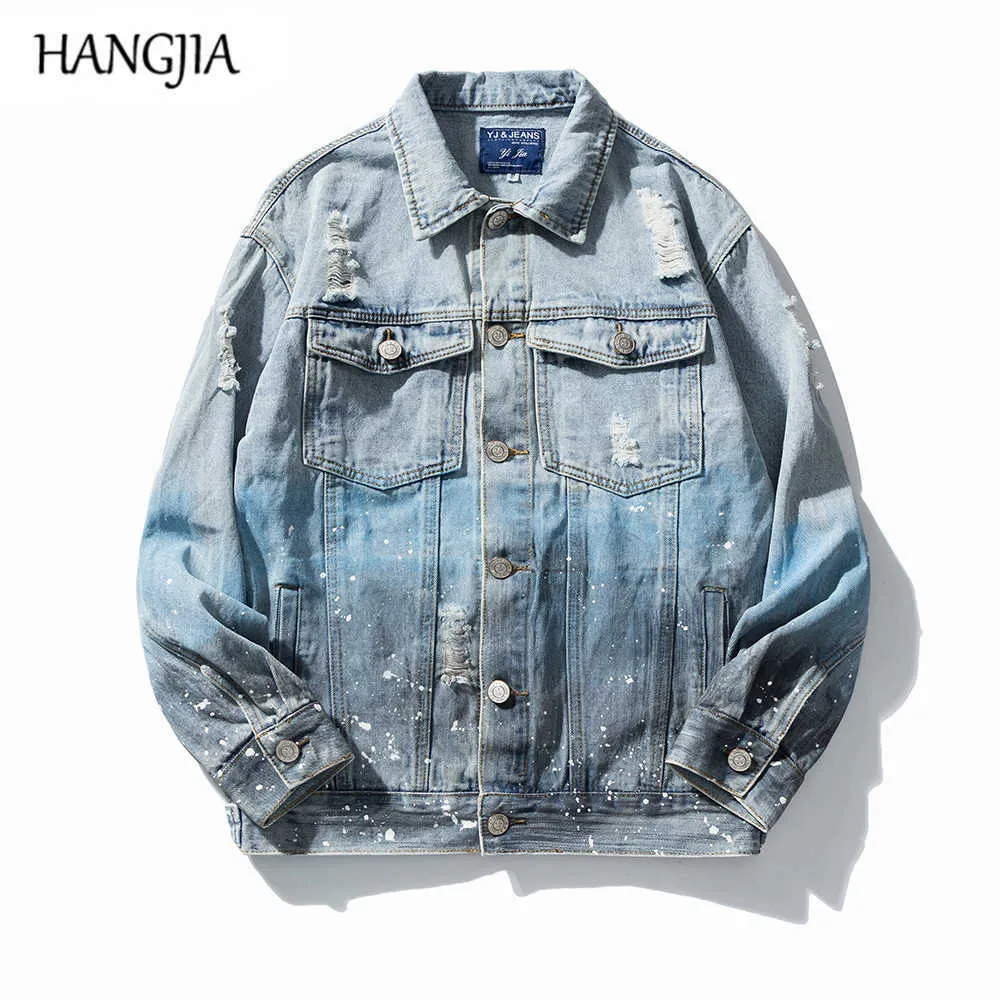 Harajuku Tie Dye Jean Jacket Mens Hip Hop Graffiti Denim Jackets Streetwear Spray Paint Ripped Jackets and Coats Autumn C0607