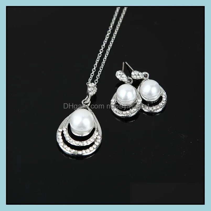 Fashion Pearl Jewelry set Women wedding Crystal Drip shape Pendant Silver Necklaces Dangle Earrings For Ladies Bride engagement Jewelry