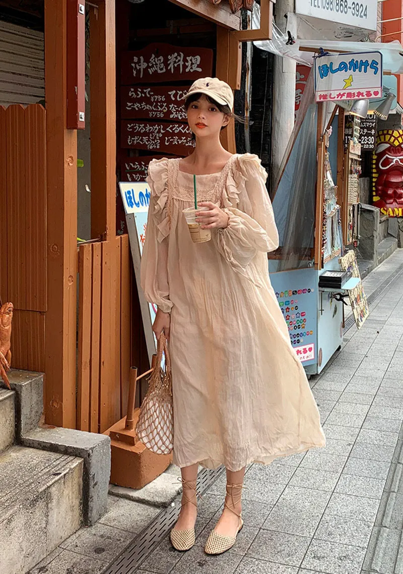 Vintage Korean Style Lace Ruffled Princess Dress For Women With Long Puff  Sleeves And Ankle Length Hemline Spring Loose Fit FT807 From Luo02, $20.69