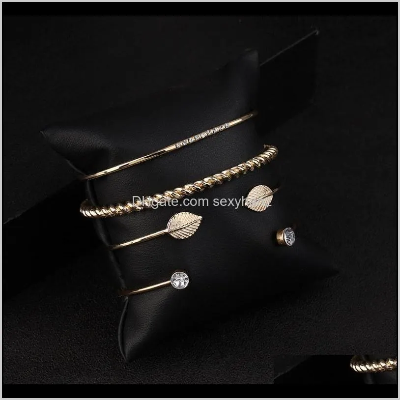 4 pcs/set fashion women leaves twisted geometric crystal opening gold bracelet set female simple wedding party jewelry gifts