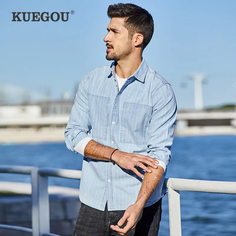 Kuegou 100% Cotton Spring Autumn Men långärmad skjorta mode fritid randig skjorta män toppstorlek blå BC-6826 210524