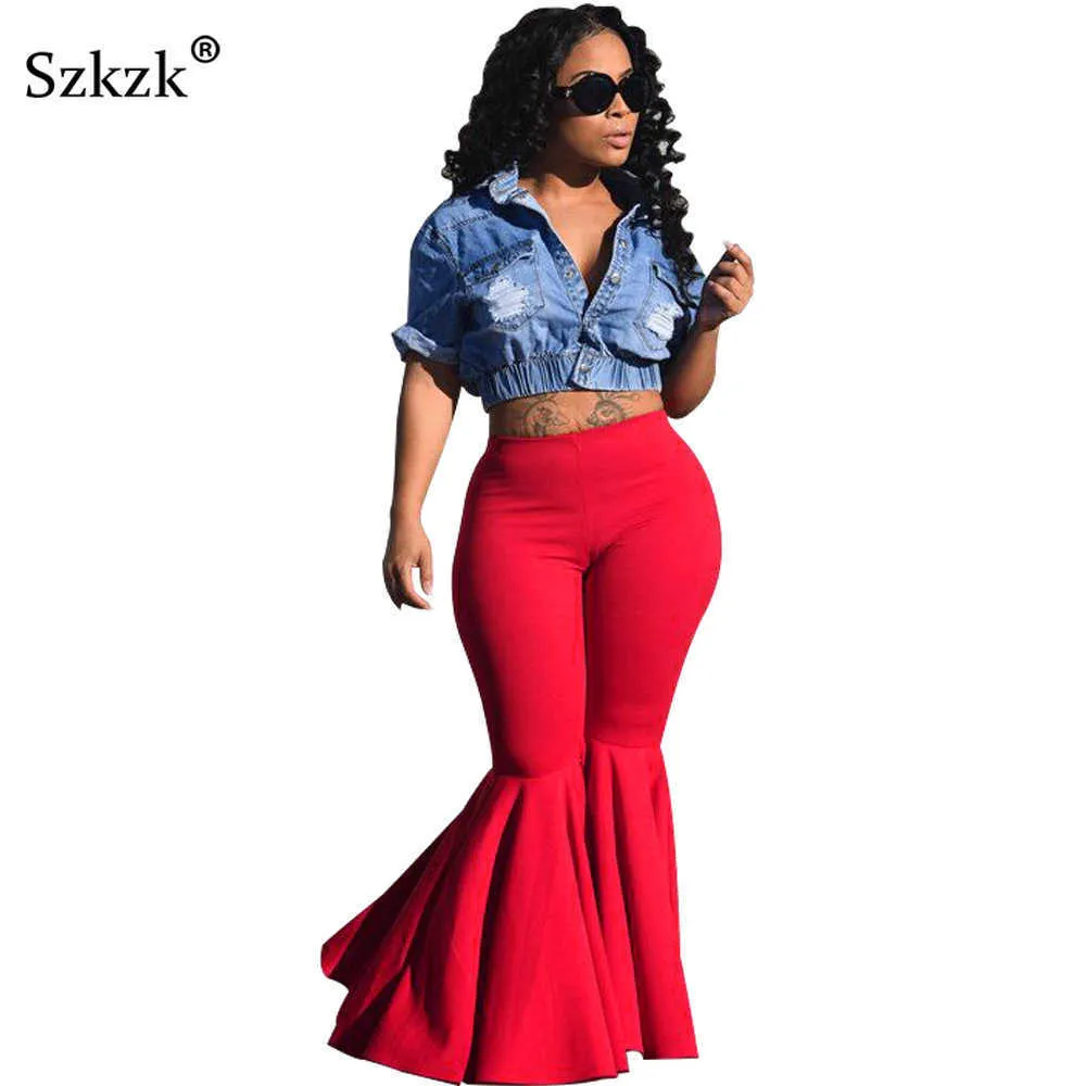 Szkzk Plus Size Ruffle Flare Pants Mid Rise Skinny Sexy Trousers For Women Night Club Summer Tight Clubwear Streetwear 2021 Q0801