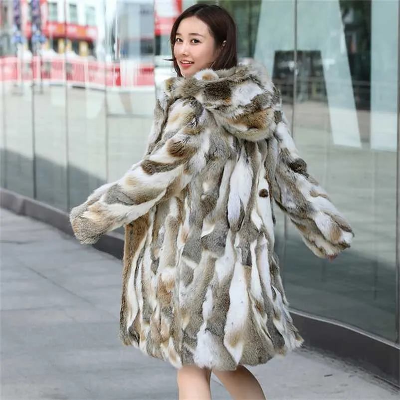 Véritable manteau de fourrure de lapin naturel véritable avec capuche veste de fourrure de mode féminine outwear personnalisé toute taille 211122