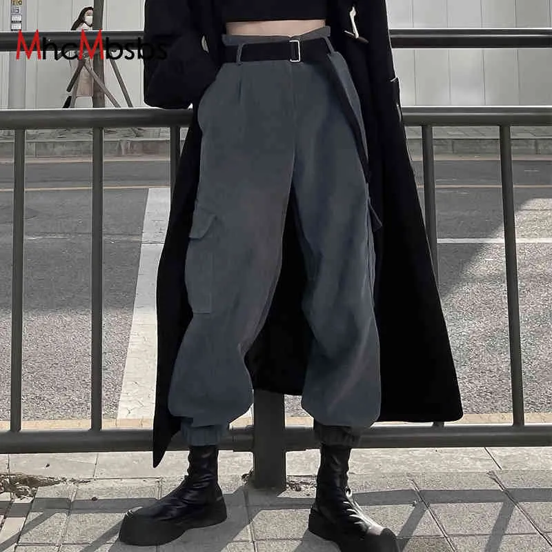 Kobiety Joggers Spodnie Cargo High Waist Belt Kieszonkowe Spodnie dresowe Hip Hop Styl Femme Szare Spodnie Y2K Ubrania Harajuku Streetwear 210517