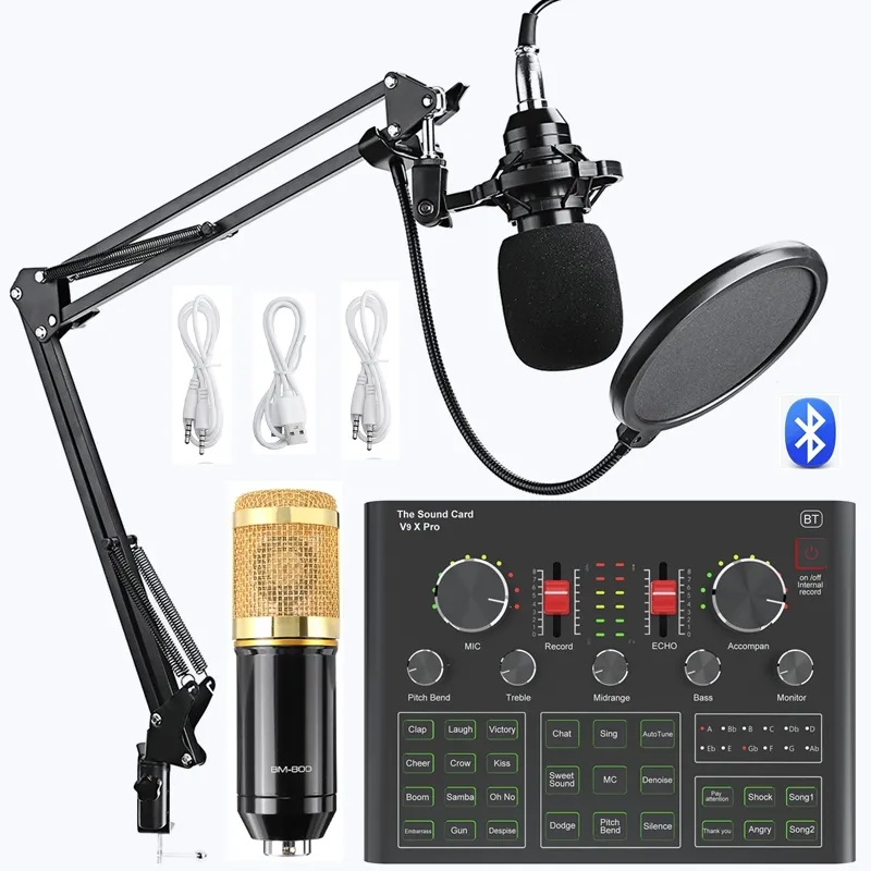 BM800 Condensador Microfone Card de som V9X Pro Mixer Live Broadcast Gravação Conjunto MIC Telefone K Canção Computador Karaoke Sing