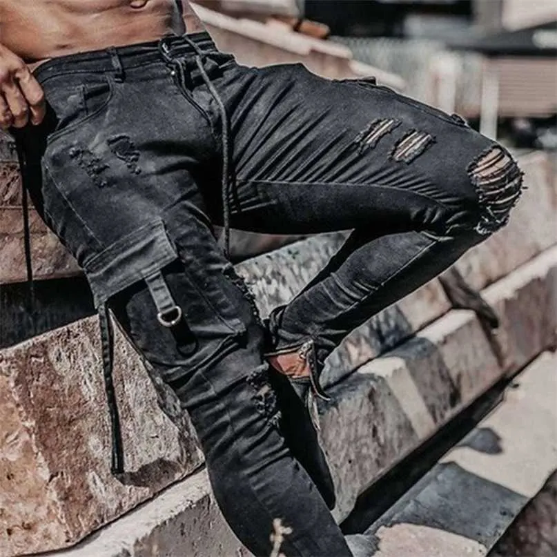 Hommes Jeans Cordon Taille Haute Desighner Jean Pantalon Automne Hommes Vêtements Biker Droite Denim Lavé Trou Pantalon Pantalon Noir 211008