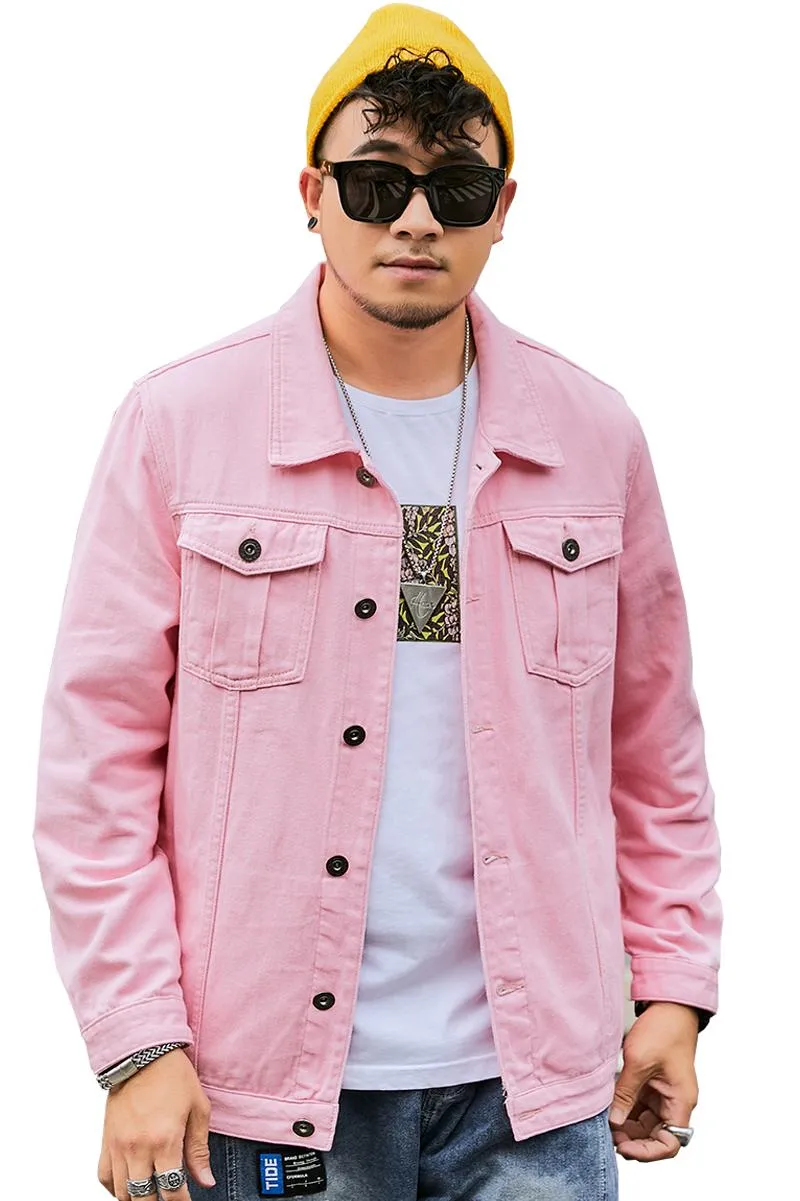 メンズジャケット2021春と秋のピンクのデニムジャケットファッションカジュアルな緩い綿の男性女性が着ることができる