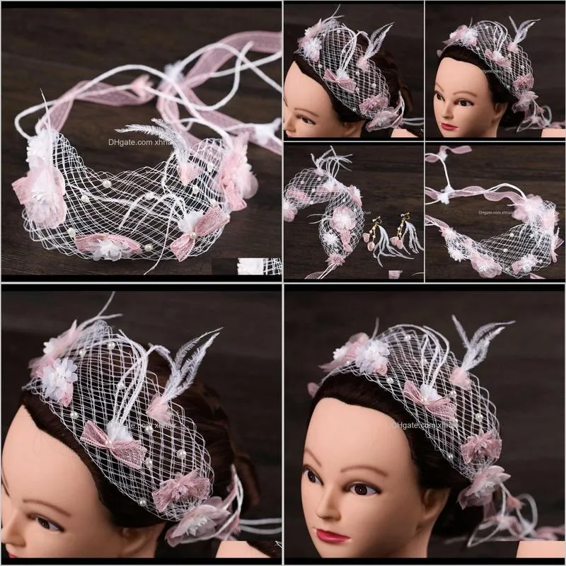 pins pink mesh feather hairband earring set flower wreath wedding dress shooting bridal headdress