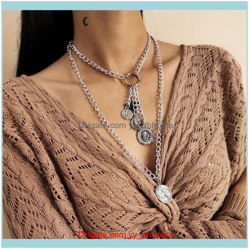 2pcs/set Retro Gold Silver Color Coin Chain Long Tassel Pendant Necklace For Women Girl Metal Portrait Double Layer Necklaces