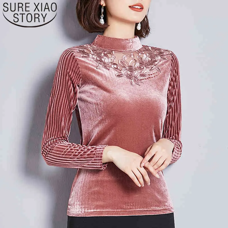 Blouses Women Office Long Sleeve Top Hollow Out VELOUR Solid Turtleneck Korean Clothing Pink Shirt Plus Szie Floral 7544 50 210415