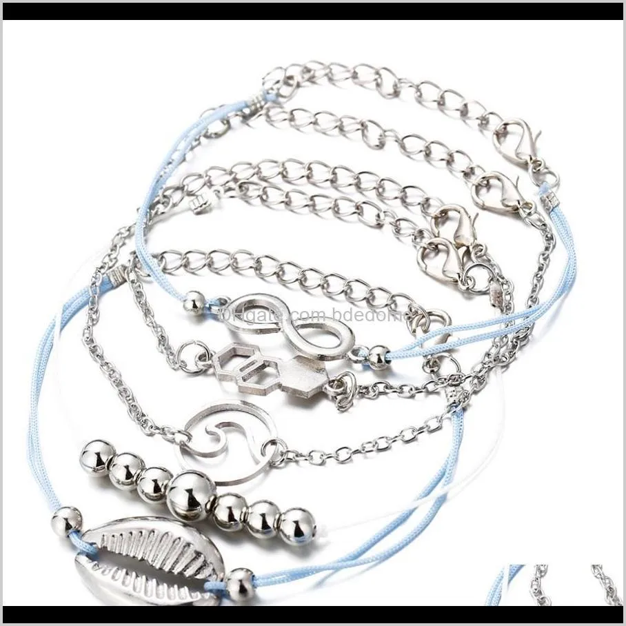 bracelets set 5pcs package alloy 8 shell sea wave bead charm with string rope silver color plated metal chain