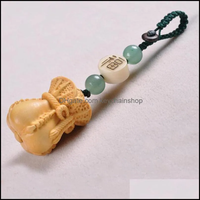 Keychains WEIYU Vintage Bag Keychain Lucky Elephant Carving Wooden Pendant Key Ring Stone Beads Holder Evil Defends Gift