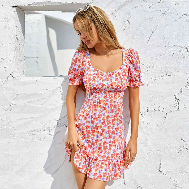 Vintage Square Collar Summer Dress Women Backless Bohemian Beach Style Sundresss Short Sleeve Mini Dress Flower Dress 210415