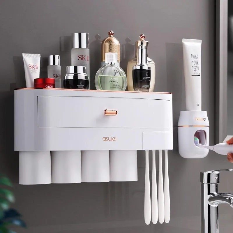 Ensemble d'accessoires de bain Accessoires de salle de bain Porte-brosse à dents magnétique à adsorption inversée Distributeur de dentifrice mural Squeezer Storage Ra