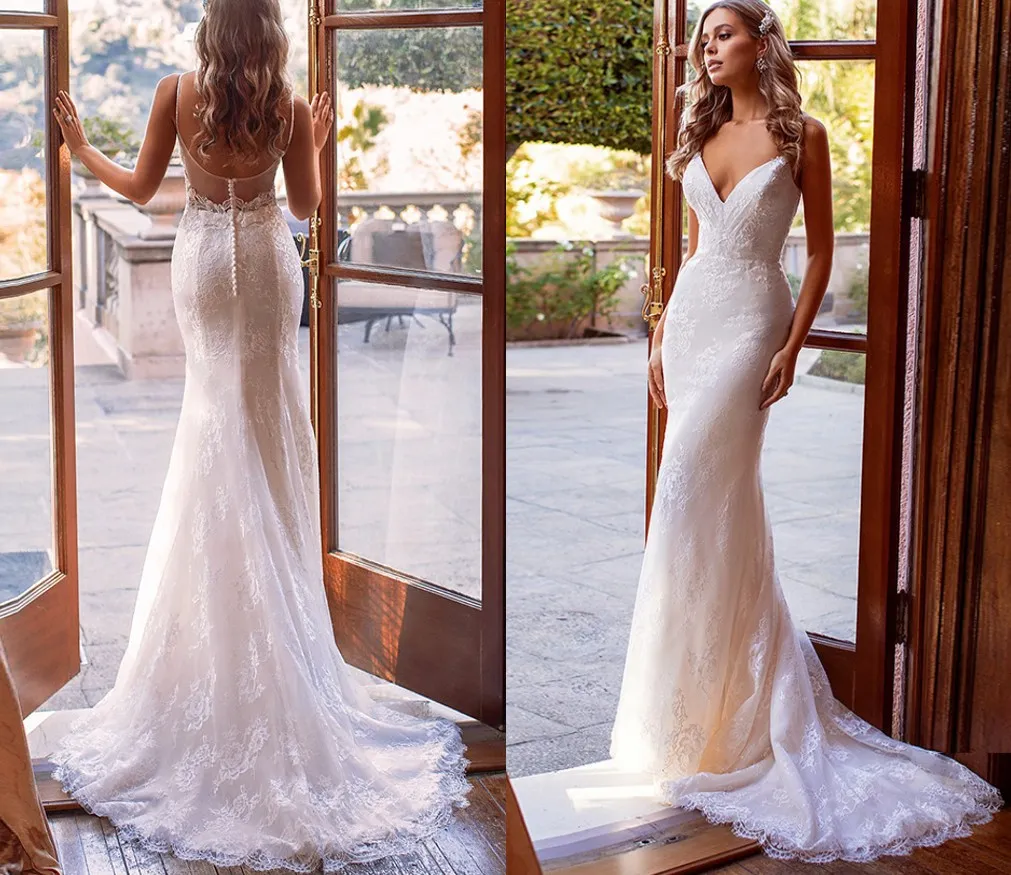 Vestido De Novia Abito da sposa in pizzo champagne Sexy senza spalline con scollo a V Abito da sposa a sirena senza schienale Abiti da sposa bohémien