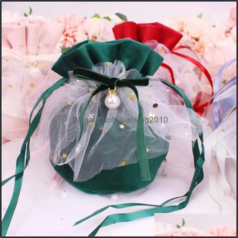 Gift Wrap Velvet Yarn Wedding Candy Bags With Pearl Europe Chocolate Package Bag Christmas Jewelry Storage Drawstring1