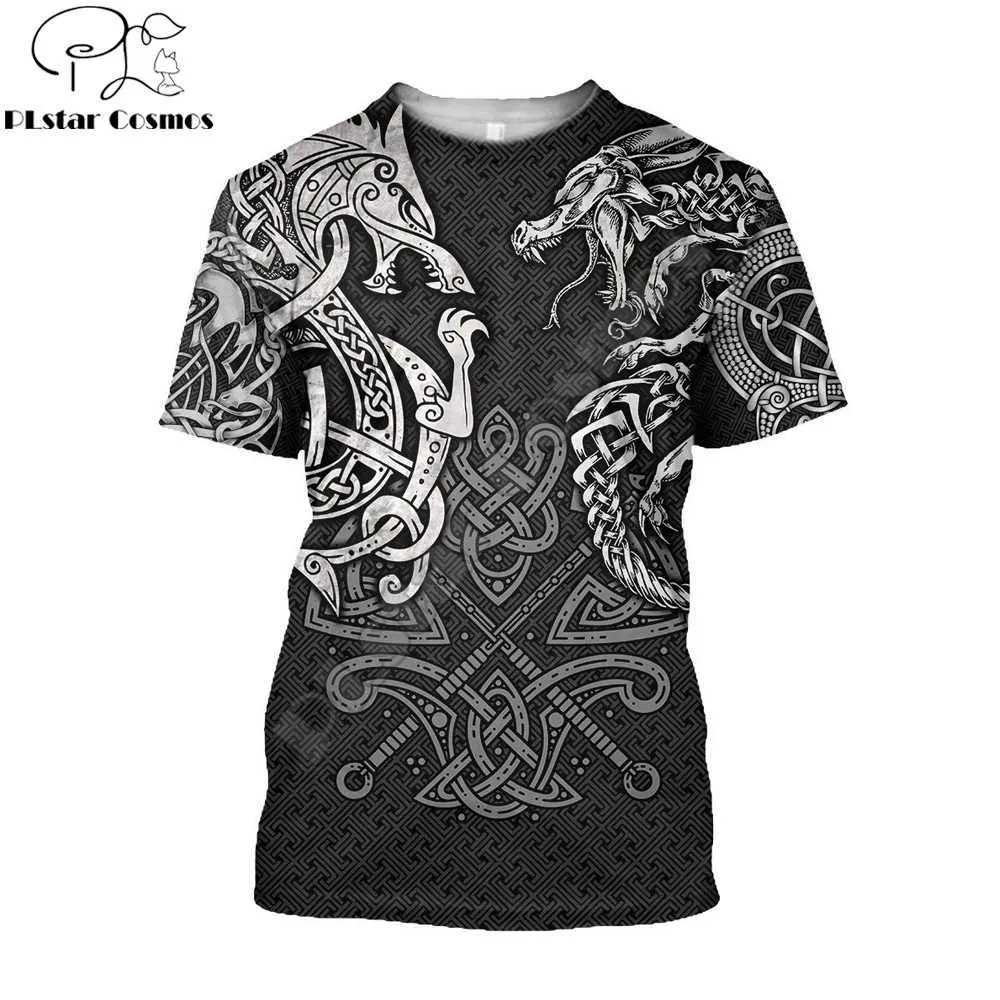 T-shirt dos homens de verão T-shirt Viking Wolf e Dragon Tattoo 3D Impresso Harajuku Casual Manga Curta Tshirt Tops Unisex QDL021 210629