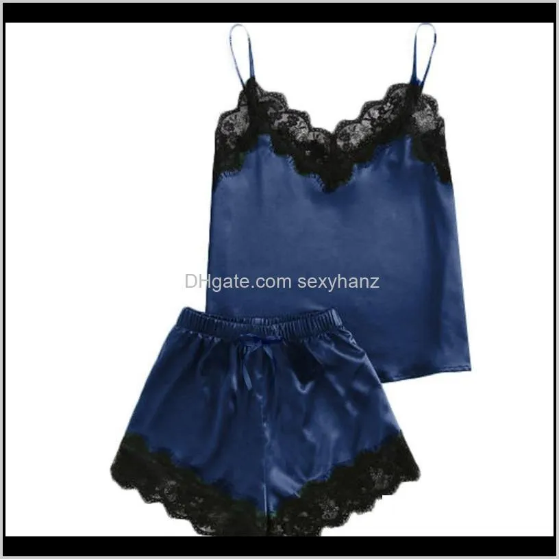 exotic sets women sleepwear sleeveless strap nightwear lace trim satin cami top pajama set d90325