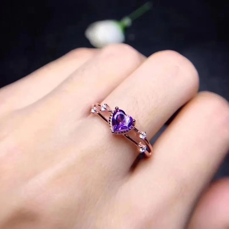 Klusterringar Naturlig Ametist Ring För Kvinnor Lila Kristall Hjärtform 14k Rose Gold Smycken Diamant Förlovningsårspresent