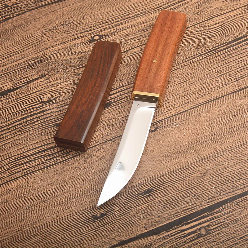 New Straight Knife D2 Drop Point Mirror Polish Blade Rosewood Handle Fixed Blades Knives With Wood Sheath