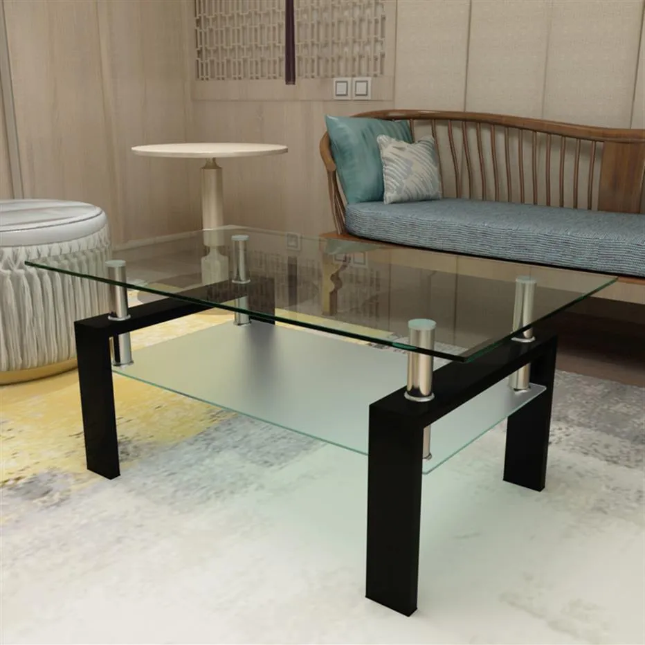 US Stock Living Room Furniture Rectangle Black Glass Coffee Table, Clear Modern Side Center Tables a17