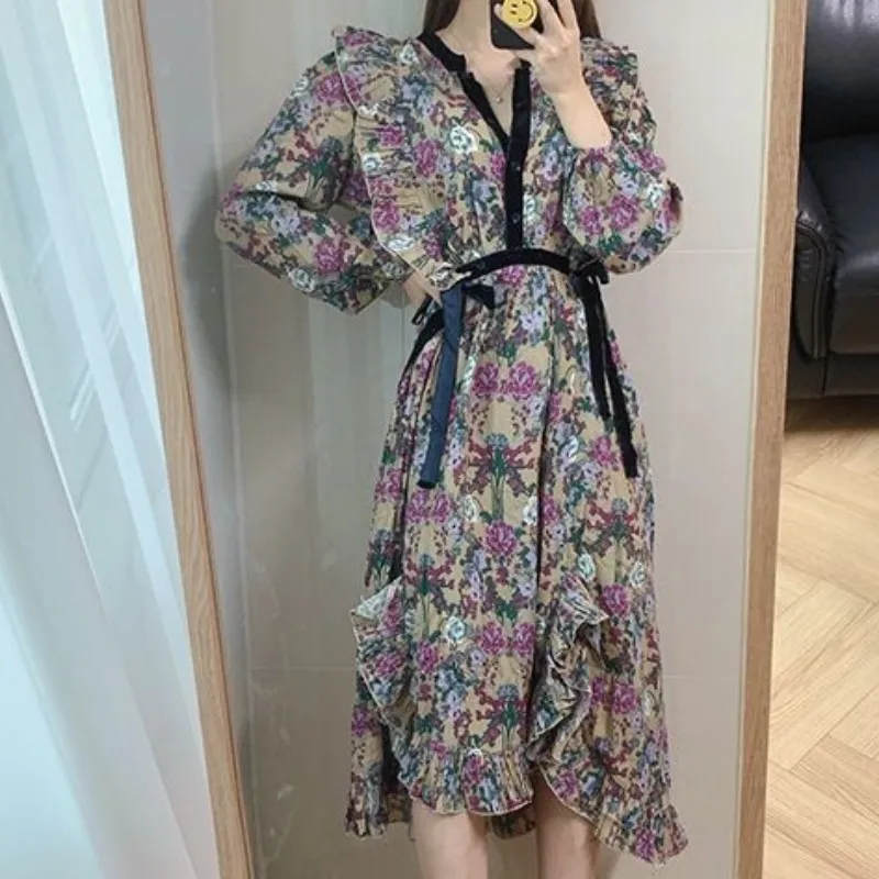 Koreanische Gedruckt Floral Vintage Chiffon Kleid Frauen Herbst Frühling Langarm V-ausschnitt Hohe Taille Casual Kleider Weibliche Vestido 210423