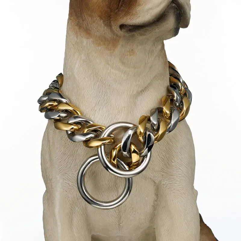 Or Couleur En Acier Inoxydable Grand Chien Collier Pour Animaux De Compagnie Chaîne De Sécurité Collier Gourmette Cuba Fournitures En Gros 12-32 "Sautoirs