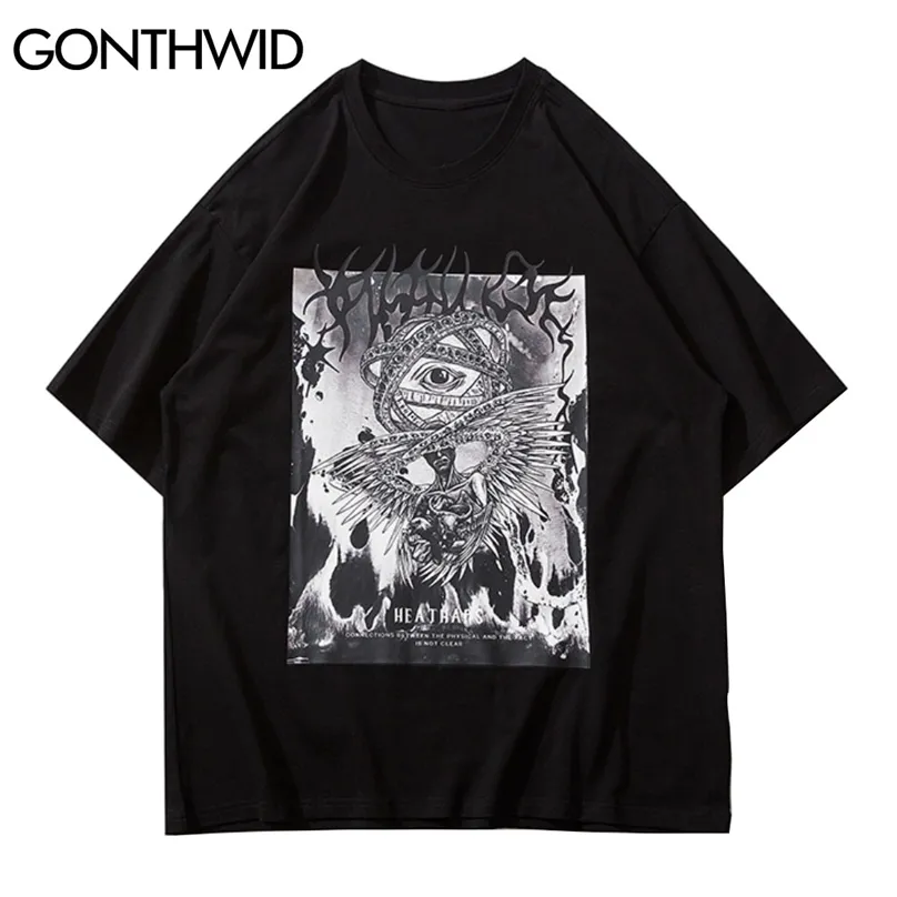 Tshirts Streetwear Hip Hop Eye Devil Print Punk Rock Gothic Tees Shirts Mens Harajuku Casual Losse Korte Mouwhoofden 210602