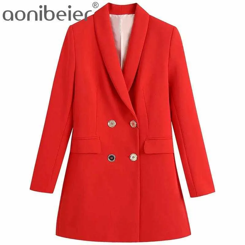 Kantoor dame casual blazers zomer herfst mode dubbele breasted lange mouw vrouwen pak jas slanke jas rood 210604