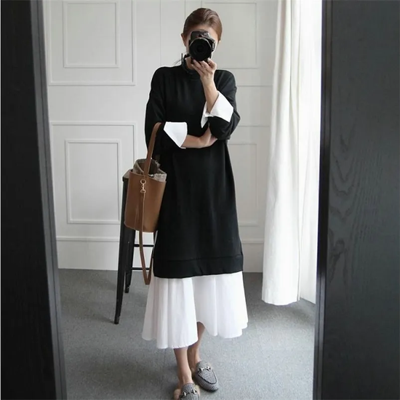 韓国の妊娠中の母ドレス女性の黒とメッシュステッチ長袖の不規則な裾のMidiの女性210514