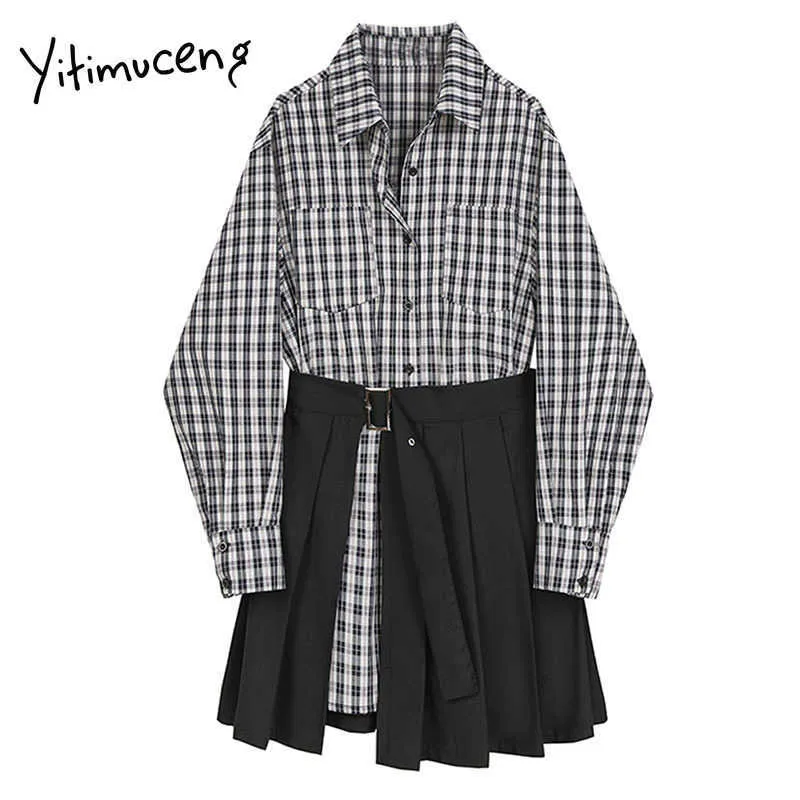 Yitimuceng xadrez falso 2 peças de botão vestidos para mulheres plissadas primavera quadrado coleira de manga longa Solta cintura escritório senhora 210601