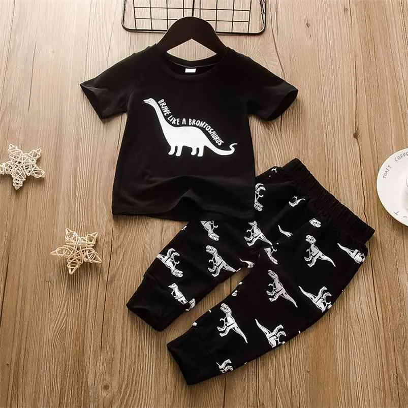 Crianças de verão Sets Casual Manga Curta Imprimir Dinossauro T-shirt Tiranossauro Rex Calças 2pcs Roupas Boys 210629