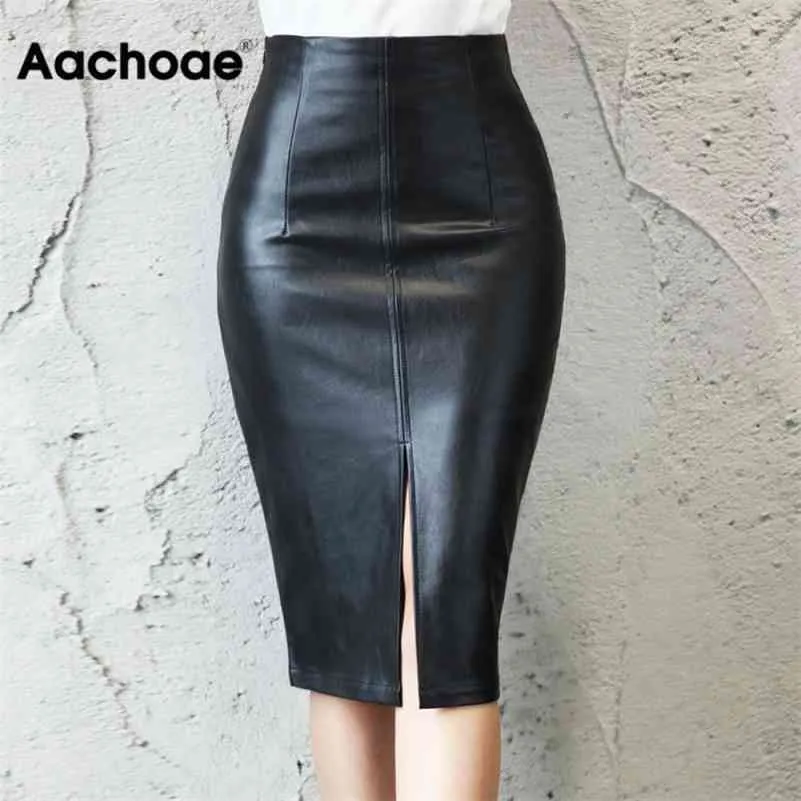 AACHOAE BLACK PU кожаная юбка женщины новая MIDI сексуальная высокая талия BodyCon разделенная юбка офис карандаш юбка длина колена плюс размер 210401