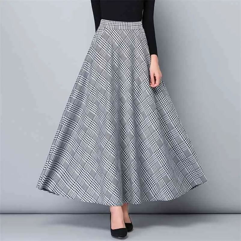 Vintage Artı Boyutu Sonbahar Bahar Uzun Etekler Kadınlar Yüksek Bel Maxi Zarif Ofis Lady Wark Ekose Streetwear 210421