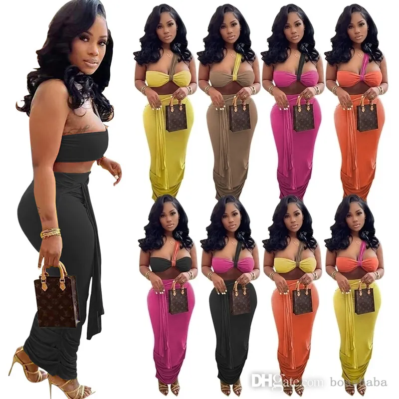 Summer Designer Women Two Piece Bra Dress Suit Sexy Crop Top Pleated Bandage Skirt Sets One Step Long Skirts Clubwear