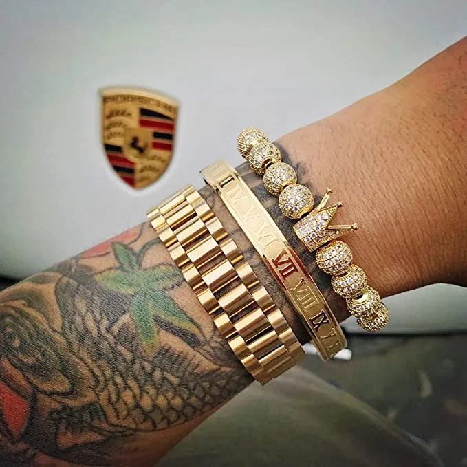 Luxury Tiger Eye & CZ King Crown Bead Bracelet – Men's Stretch Bracelet, Gold Plated