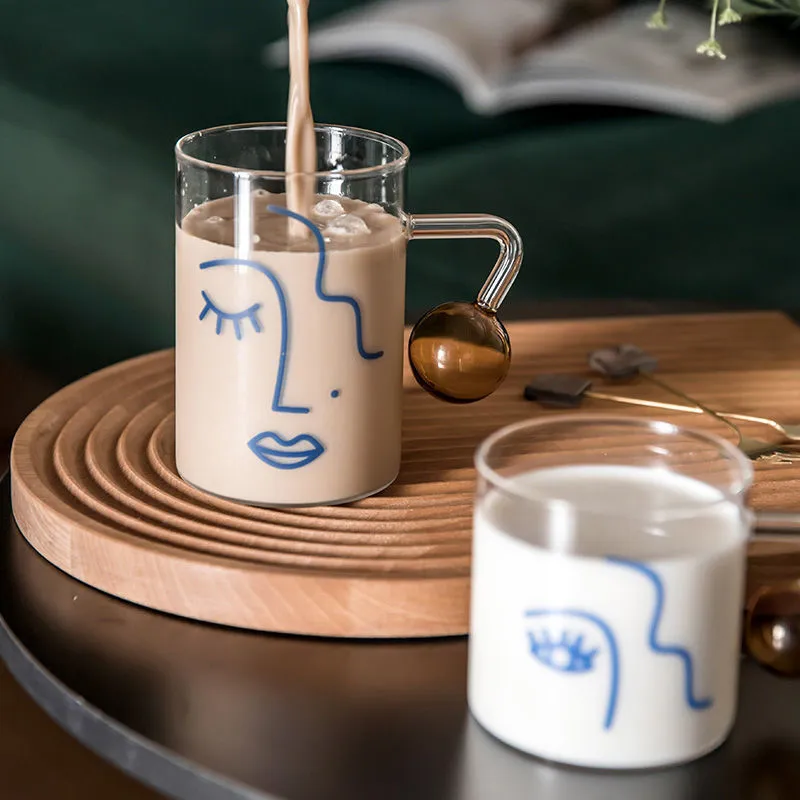 Taza de cristal con patrón de retrato de 280/400ml, tazas creativas con asa para leche, café, cerveza, agua, hogar, oficina, tazas de té, pareja