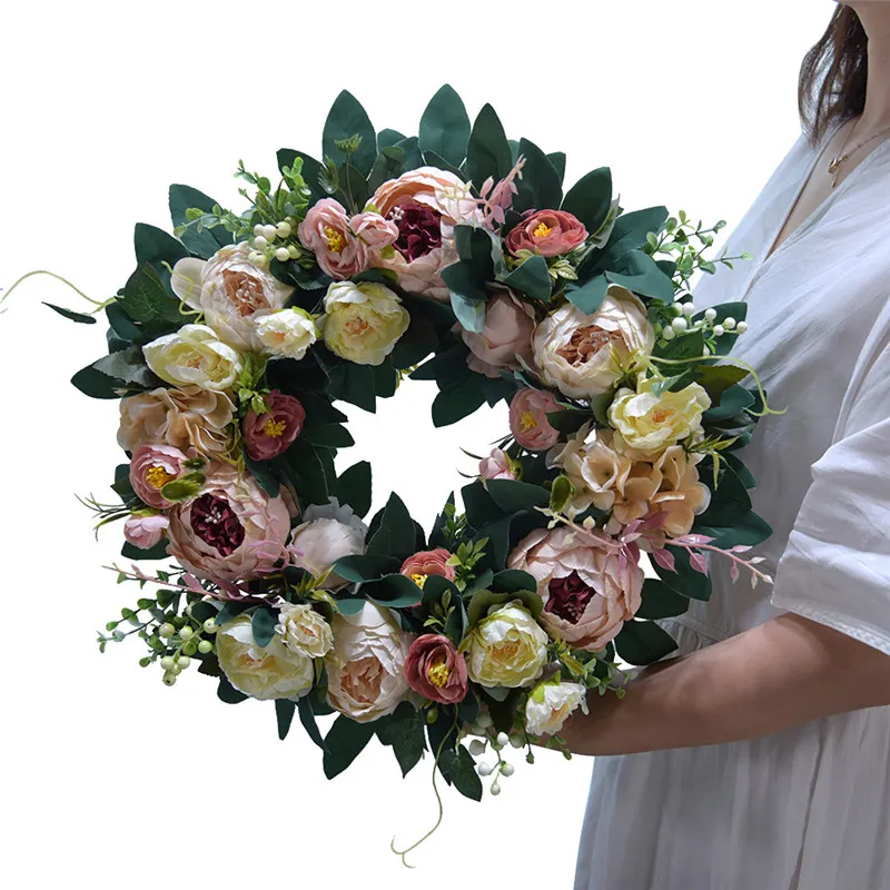 Artificial Pink Rose Wreath 15inch Front Door Wreaths with Hydrangea Green Leaves Garland Mother's Day Wedding Home Decor GGA4378